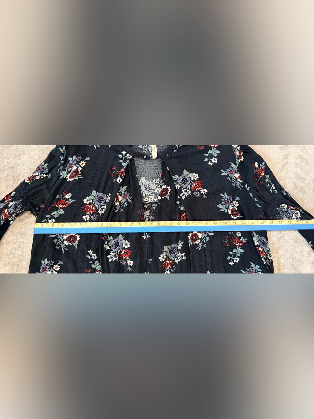 Free People Relaxed Black Floral Keyhole Boho Tunic Mini Dress Size Medium - Picture 7 of 11